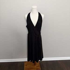 Calvin Klein Dress Midi Fit & Flare Faux Wrap Halter Party Cocktail Travel Black